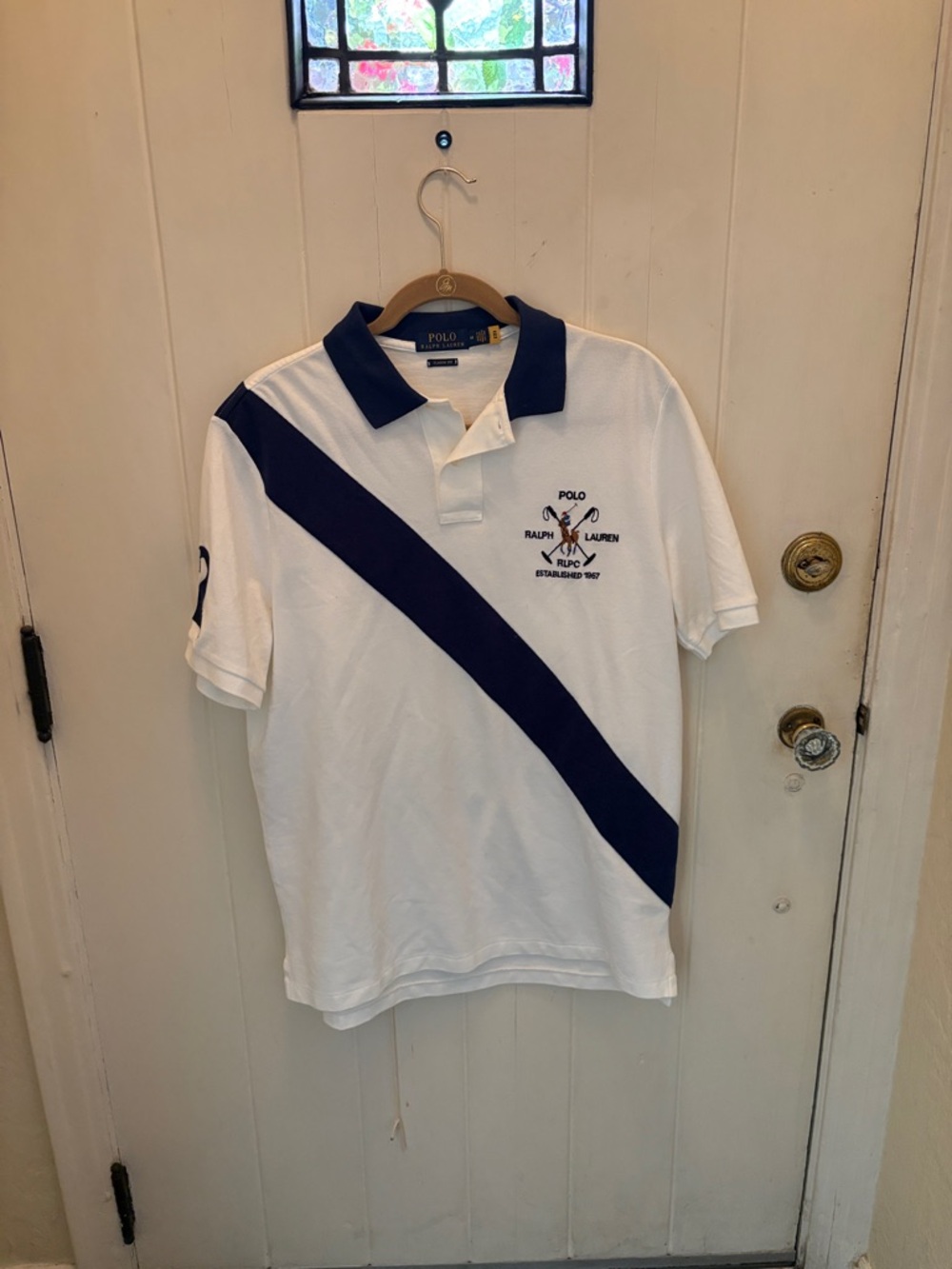 Polo by Ralph Lauren White Polo with Navy Diagonal Stripe